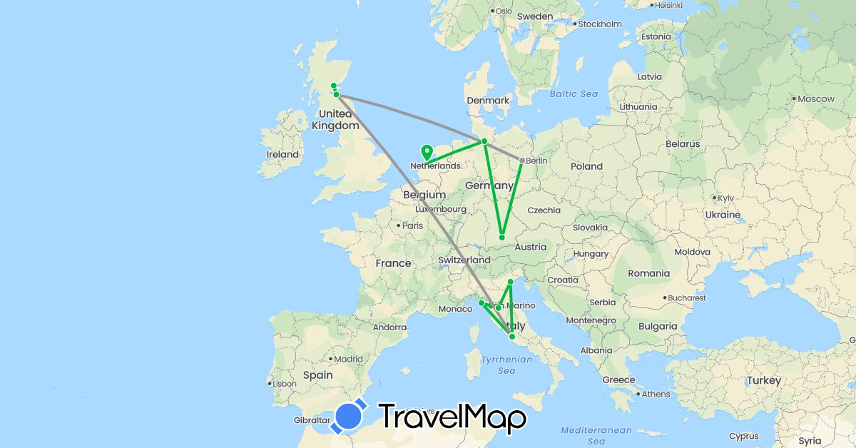 TravelMap itinerary: driving, bus, plane in Germany, United Kingdom, Italy, Netherlands (Europe)